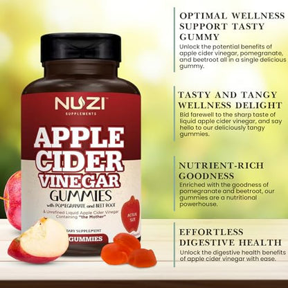 NUZI Apple Cider Vinegar Gummies with Pomegranate & Beetroot | 500 mg | Certified Halal NUZIUS supplements