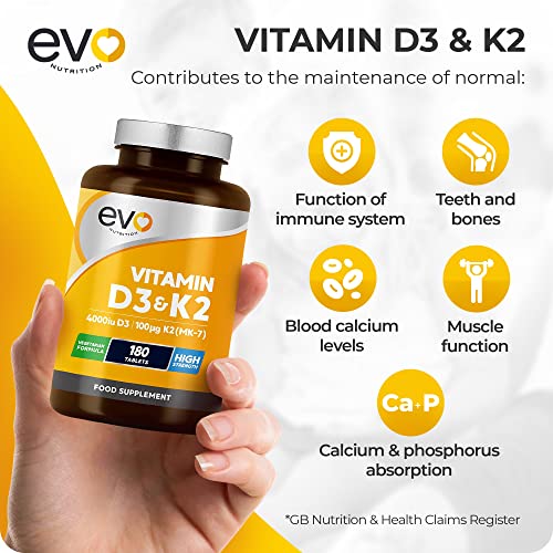 Vitamin D3 4000iu & Vitamin K2 100ug (MK7) |180 Vegetarian Tablets | 1-A-Day | 6 Month EVO NUTRITIONUS supplements