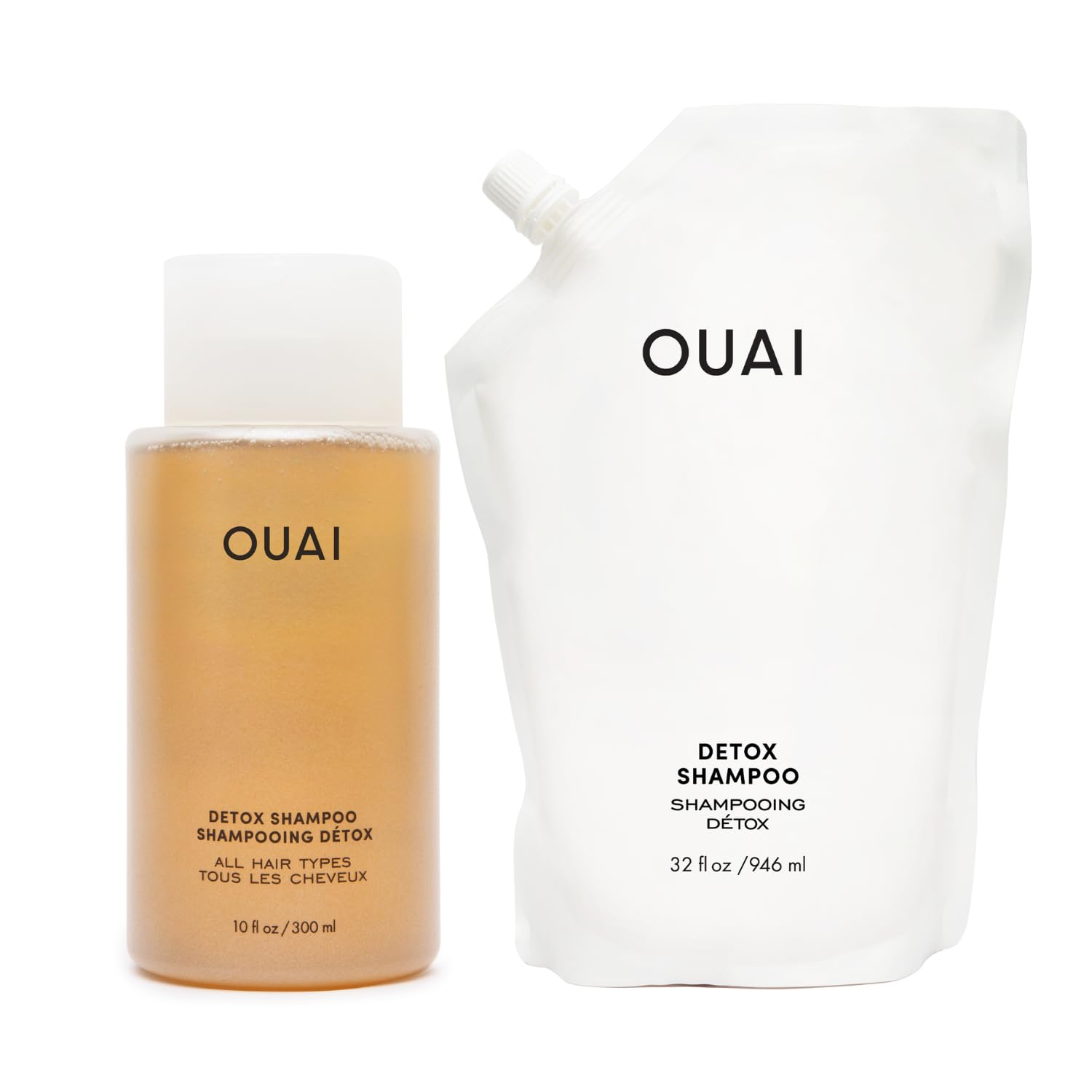 OUAI Detox Shampoo + Refill - Clarifying Shampoo for Build Up, Oil, Product & Hard Water - Apple Cider Vinegar & Keratin for Clean, Refreshed Hair - Sulfate Free Hair Care (2 Count, 10 Oz/32 Oz) OUAIAu supplements