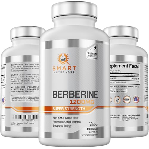 Premium Berberine HCL 1200mg- 180 Vegan Capsules, 100% Pure Berberin Smart Nutra LabsUS supplements