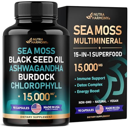 Irish Sea Moss | Black Seed Oil | Ashwagandha | Burdock | Chlorophyll | Supergreens NUTRAHARMONYUS supplements