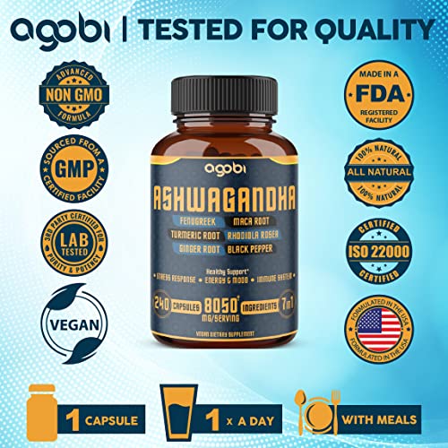 240 Capsules - 8 Month Supply - 7in1 Ashwagandha 8050mg - Combined With Fenugreek agobiUS supplements