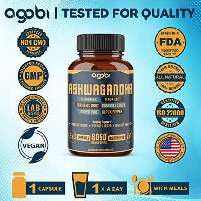 240 Capsules - 8 Month Supply - 7in1 Ashwagandha 8050mg - Combined With Fenugreek agobiUS supplements