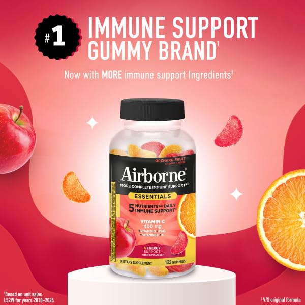 Airborne 400mg Vitamin C Gummies for Adults & Children, Immune Essentials Daily Immune Support Supplement with Vitamins C & E - Orchard Fruit Flavor, 132 Gummies (Pack of 2) AirborneAu supplements