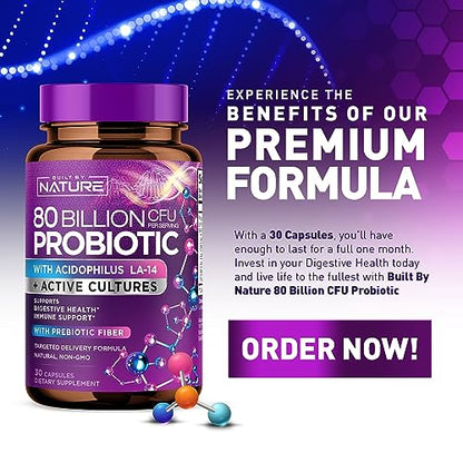 80 Billion CFU Probiotic - Daily Digestive Gut Health Supplement for Men & Women Built by NatureUS supplements