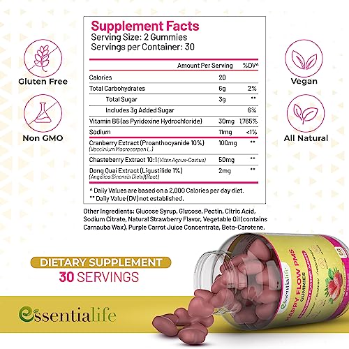 Happy Flow Strawberry-Flavor Chewable PMS Gummies | Hormone Balance Chasteberry EssentialifeAu supplements