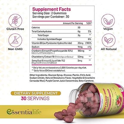 Happy Flow Strawberry-Flavor Chewable PMS Gummies | Hormone Balance Chasteberry EssentialifeUS supplements