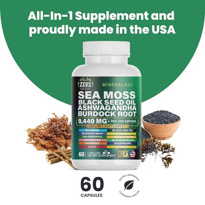 Sea Moss Capsules with Black Seed Oil, Burdock Root, Bladderwrack, Turmeric, Ashwagan Zeus NaturalsUS supplements