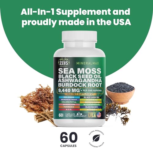 Sea Moss Capsules with Black Seed Oil, Burdock Root, Bladderwrack, Turmeric, Ashwagan Zeus NaturalsUS supplements