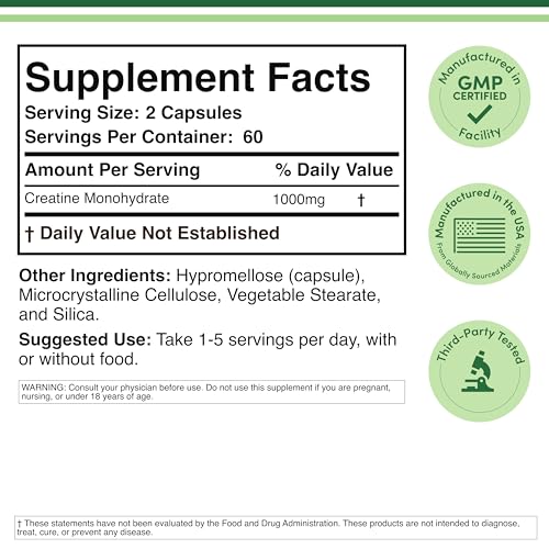 Creatine Monohydrate Capsules - 1g per Serving, 120 Count - No Fillers, Vegan Safe, Non-GMO, Gluten Free by Double Wood Double Wood SupplementsAu supplements