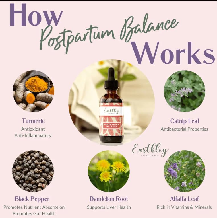 Earthley Wellness Postpartum Balance, Supports and Balances Female Hormones, Supports Postpartum Recovery, Smooths Out Mood Swings, Essential Herbs Like Dandelion Root, Catnip, & Alfalfa (2oz) Earthley WellnessAu supplements