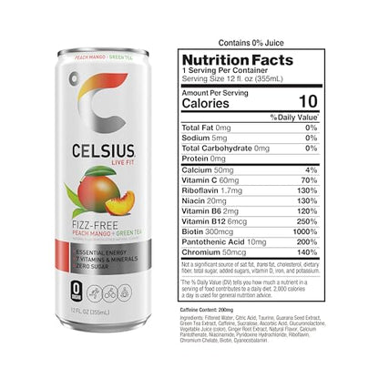 CELSIUS Peach Mango Green Tea, Functional Essential Energy Drink 12 Fl Oz (Pack of 12) CELSIUSUS supplements