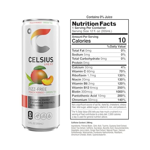 CELSIUS Peach Mango Green Tea, Functional Essential Energy Drink 12 Fl Oz (Pack of 12) CELSIUSUS supplements