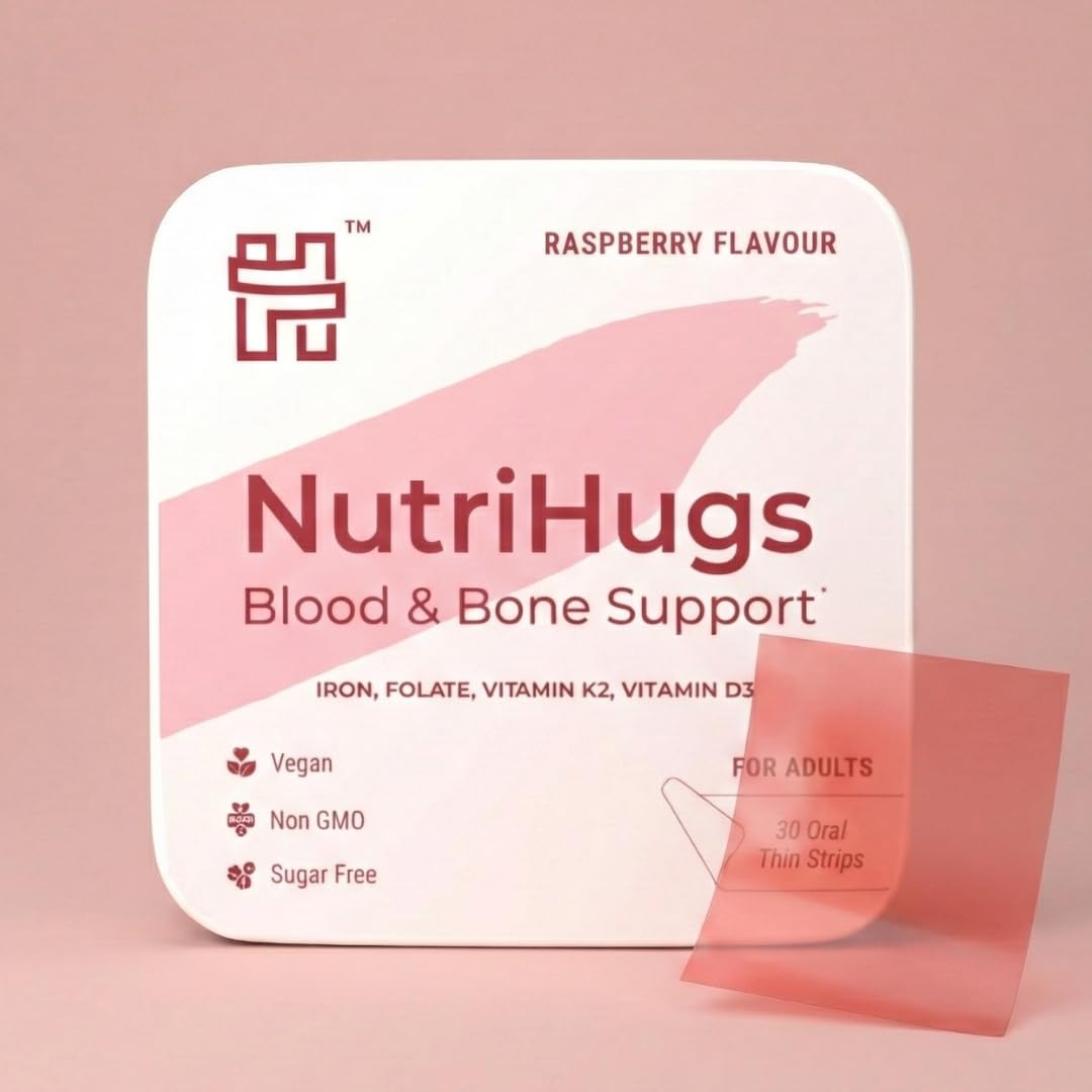 MedHugs NutriHugs Blood and Bone Support - Iron, Folate, Vitamin D3 and K2 - Fast-Dissolving Oral Thin Film Strips - Non-Constipating Iron - Vegan, Sugar-Free, Non-GMO - 30 Strips MedHugsAu supplements
