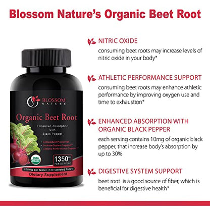 Organic Beet Root Powder 1350mg with Black Pepper-Nitric Oxide Booster, Digestive System Blossom NatureUS supplements