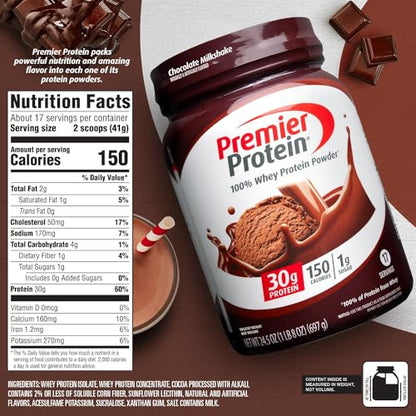 Premier Protein Powder, Chocolate Milkshake, 30g Protein, 1g Sugar, 100% Whey Protein Premier ProteinUS supplements