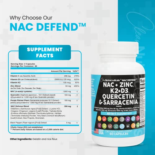 NAC Supplement N-Acetyl Cysteine 1000mg Vitamin D3 K2 Zinc Quercetin Clean NutraceuticalsUS supplements