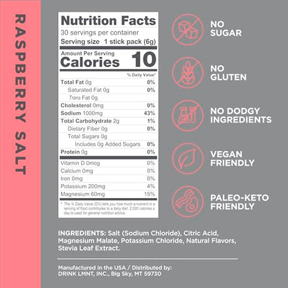 LMNT Zero-Sugar Electrolytes - Raspberry Salt - Hydration Powder Packets | No Dodgy Drink LMNTUS supplements