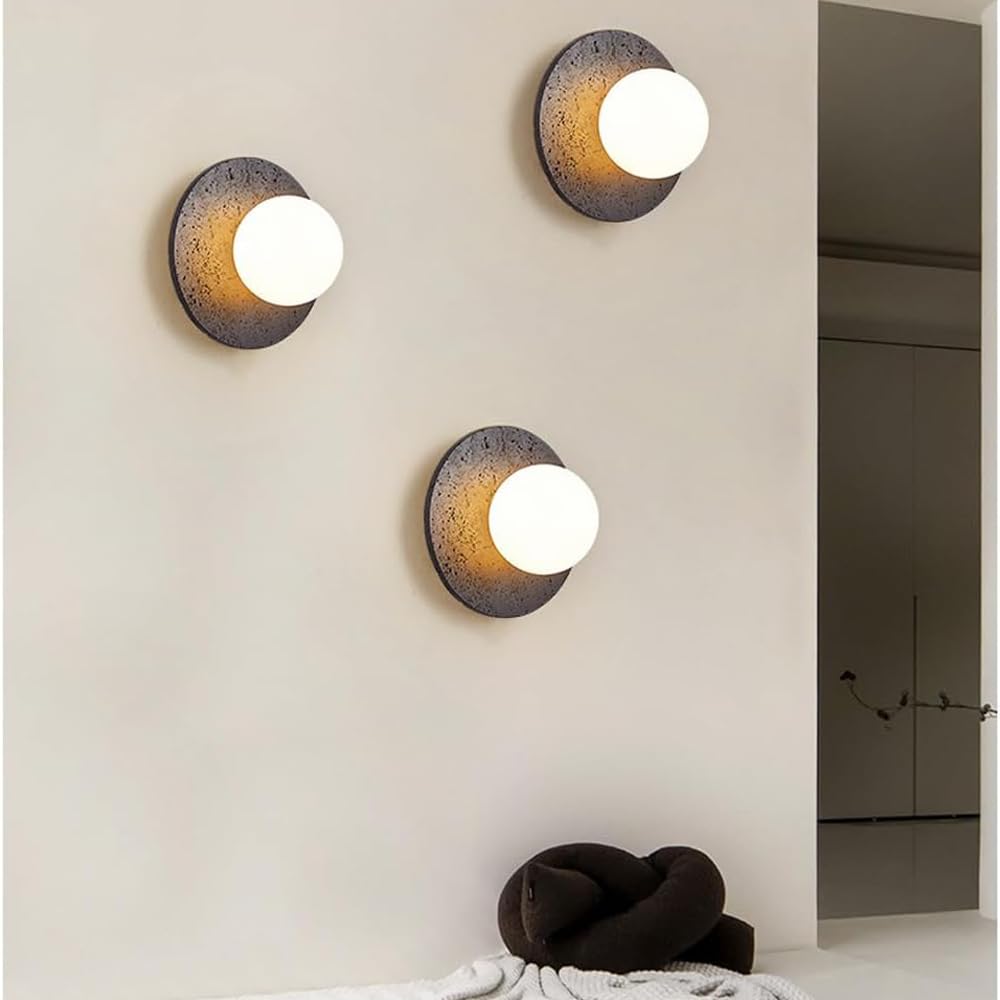 BFFGKGL Modern Natural Black Travertine Hallway Wall Sconce Nordic Creativity Round Transmittance Glass Bedside Wall Light Japanese Minimalist Aisle Wall Lamp For Living Room Stairs Living Room Balcon BFFGKGLAu supplements