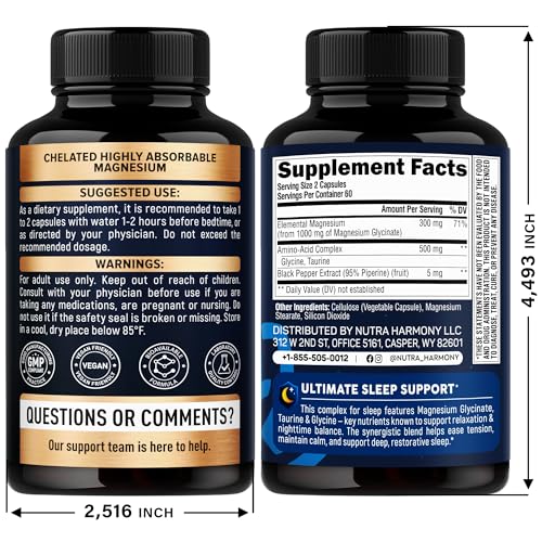 Magnesium Glycinate - Sleep & Relaxation Support - Extra Strength Glycinate, Glycine & Taurine 1500 mg - Magnesium Supplement for Women & Men - Chelated & High Absorption - Made in USA - 120 Capsules NUTRAHARMONYAu supplements