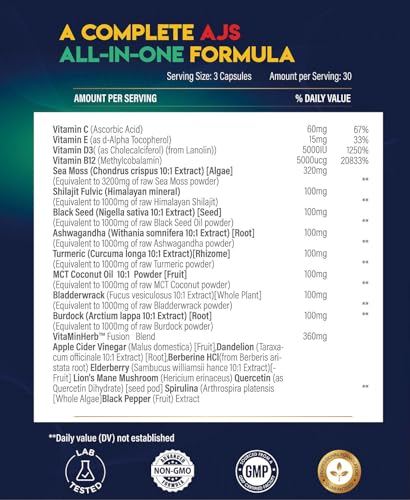 AJS Sea Moss Capsules 3200Mg, Shilajit 1000Mg with Black Seed Oil, Ashwagandha AJS NutritionUS supplements