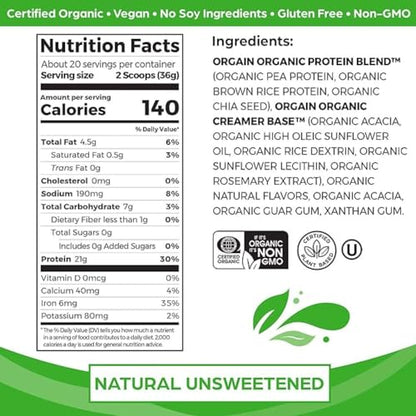 Orgain Organic Unflavored Vegan Protein Powder, Natural Unsweetened - 21g Plant Based OrgainUS supplements