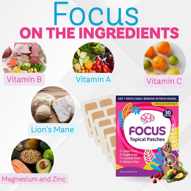 Swift Patch Focus Patch for Adults (30 Day Supply) + Proprietary Blend (Men and Women) - Help Kids and Adults Focus with Patches 22 Ingredients with Proprietary Formula Ultimate Swift PatchUS supplements