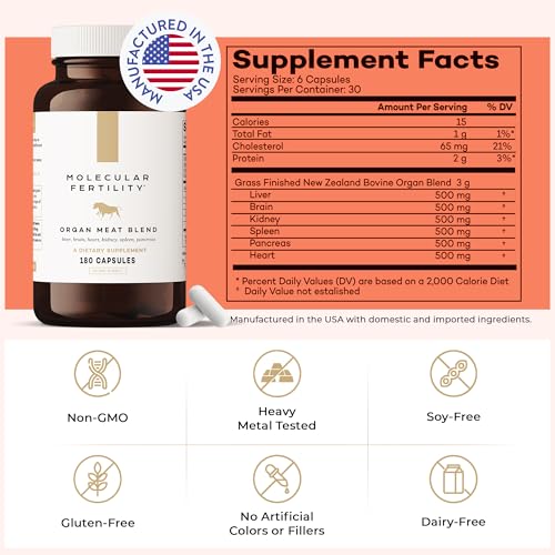 Molecular Fertility Beef Organ Complex - Pasture-Raised, Grass Fed Beef Liver, Brain, Heart, Spleen, Pancreas Blend, Healthy Hormone Balance and Fertility Supplement for Women and Men, 180 Capsules Molecular FertilityAu supplements