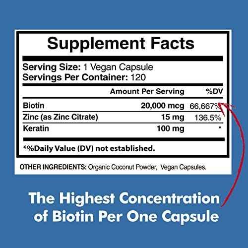 Biotin 20,000mcg with Keratin, Organic Coconut and Zinc, Hair Growth Supplements, Biotin American Standard SupplementsUS supplements