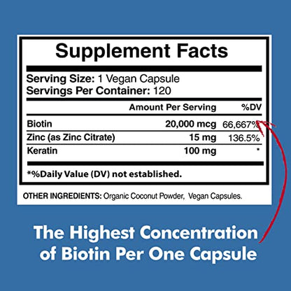 Biotin 20,000mcg with Keratin, Organic Coconut and Zinc, Hair Growth Supplements, Biotin American Standard SupplementsUS supplements