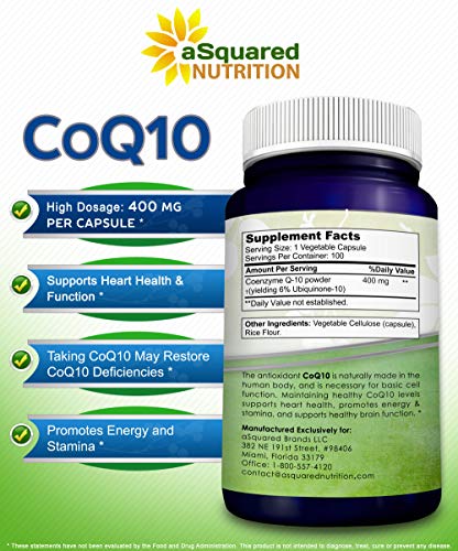 aSquared Nutrition CoQ10 (400mg Max Strength, 100 Veggie Capsules) - High Absorption aSquared NutritionUS supplements