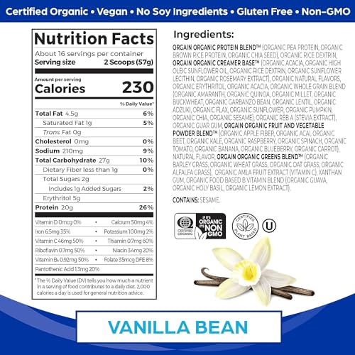 Orgain Organic Vegan Meal Replacement Protein Powder, Vanilla Bean - 20g Plant Based OrgainUS supplements