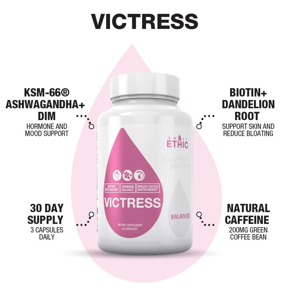 Sweat Ethic Victress, Hormone Balance Support for Women with KSM-66 Ashwagandha, DIM, Biotin, Folic Acid, Dandelion Root, Cayenne Pepper & Vitamin D3, Daily Wellness Formula, 90 Easy to Take Capsules Sweat EthicAu supplements