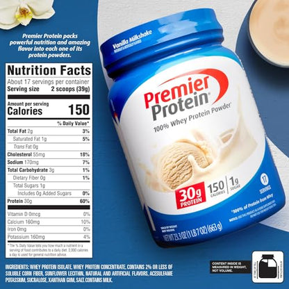 Premier Protein Powder, Vanilla Milkshake, 30g Protein, 1g Sugar, 100% Whey Protein Premier ProteinUS supplements