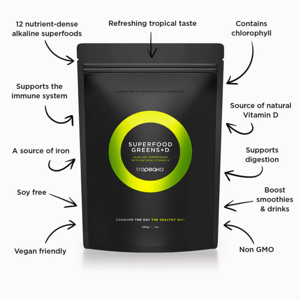 Tropeaka Superfood Greens + D - Antioxidant Green Powder for Energy, Immune System, & Gut Health, Rich in Chlorophyll & Essential Nutrients, Vitamin D, Vegan, Gluten Free, Non-GMO - 7oz (20 Servings) TropeakaAu supplements