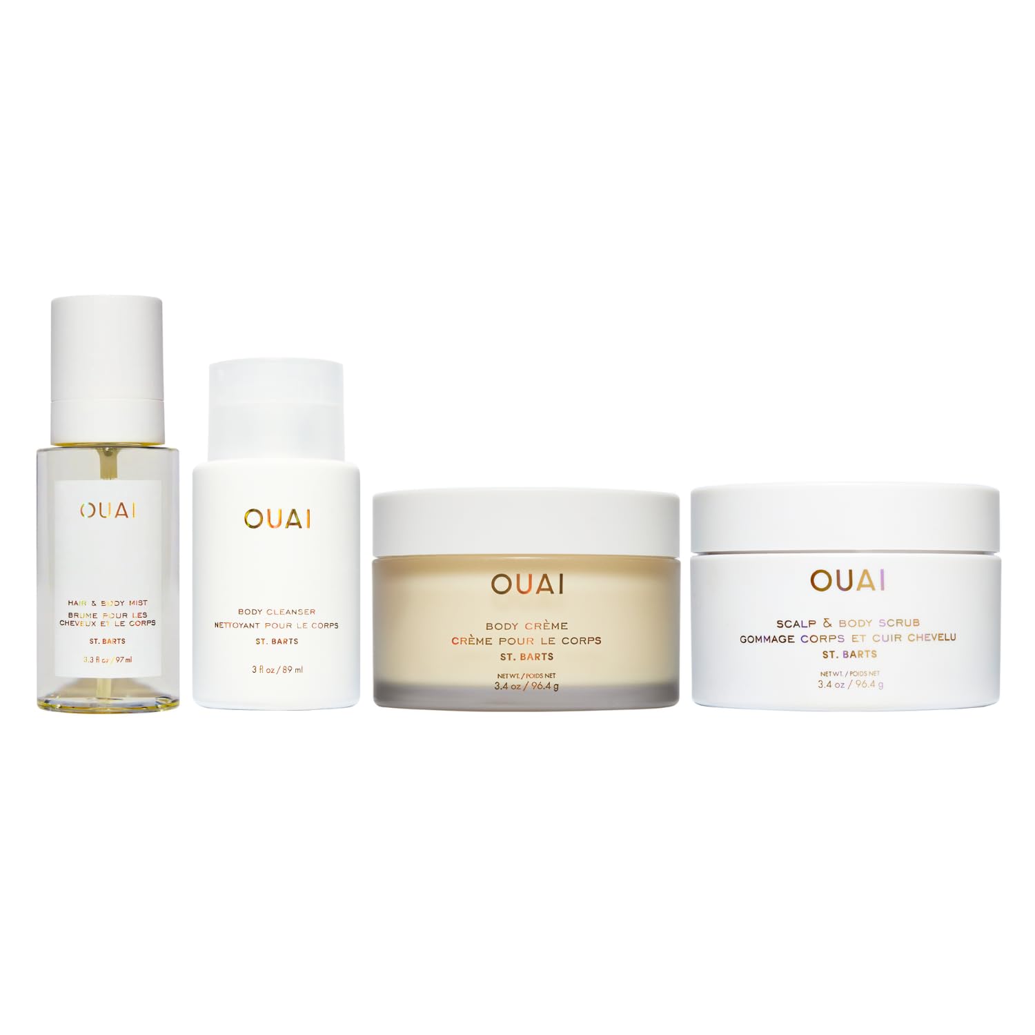 OUAI St. Barts Travel Bundle - Includes Travel Size Scalp & Body Scrub, Foaming Shower Gel, Hydrating Cream, and Hair & Body Mist (4 Count, 3.4 Oz/3.4 Oz/3 Oz/3.3 Oz) OUAIAu supplements