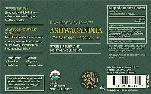 Global Healing Center - Organic Ashwagandha Supplements Drops - KSM-66 Ashwagandha Extra Strength for Men & Women, Helps Promote Relief from Stress, Mood Support, Organic (2 Fl Oz) Global Healing CenterAu supplements
