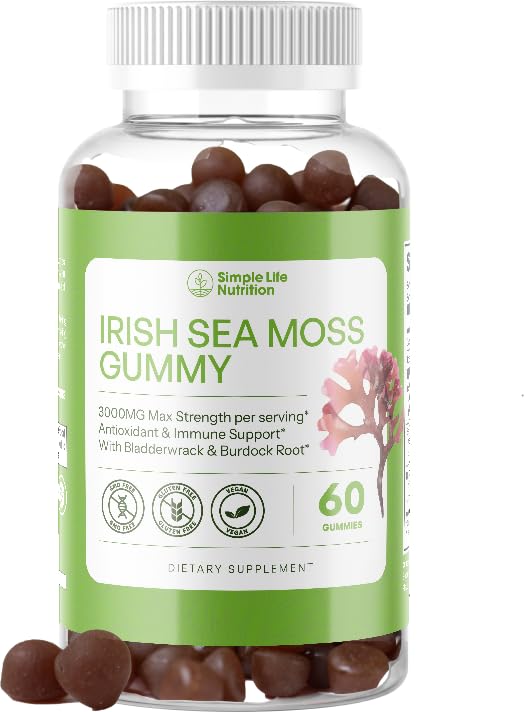 Simple Life Nutrition Organic Irish Sea Moss Gummies - Burdock Root and Bladderwrack Natural Blend - Immune System Gut Cleanse & Thyroid Supplement - Skin and Nail Health - 60CT Simple Life NutritionAu supplements