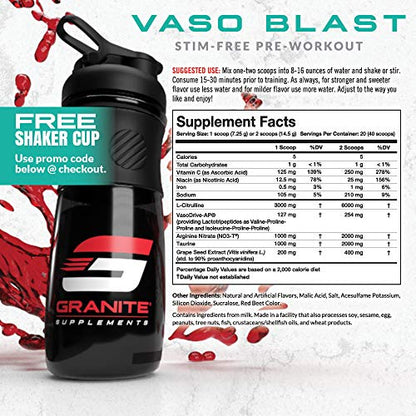 Granite Vaso Blast Advanced 'Stim-Free' Pre-Workout | Supports Vasodialation, NO Conversion Granite SupplementsUS supplements