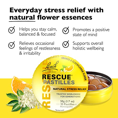 RESCUE Bach PASTILLES, Orange and Elderflower Flavor, Natural Stress RESCUEUS supplements