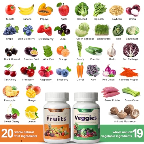 VBTOP Fruit & Vegetable Supplement - Natural Ingredients - 2 Bottles - 180 Capsules Total | A Blend of 20+19 Natural Whole Fruits & Vegetables, a Fresh superfood Formula Rich in Vitamins and Minerals VBTOPAu supplements