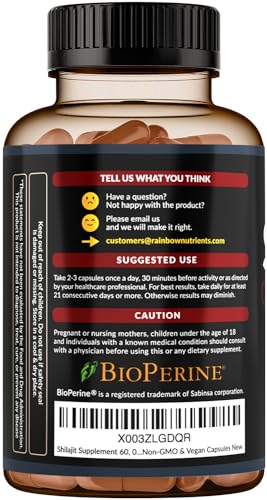 Pure Himalayan Shilajit Capsules Supplement (60,000mg+ Absorption Enhancer+50% Rainbow Nutrients, LLCUS supplements
