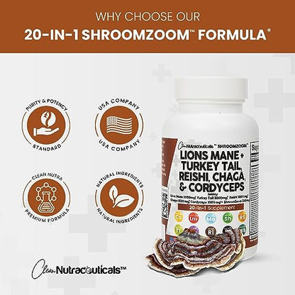 Lions Mane 3000mg 20in1 Mushroom Supplement with Turkey Tail 2000mg Clean NutraceuticalsUS supplements
