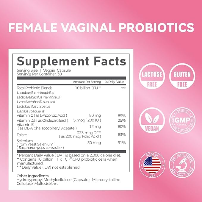 Gynable Vaginal Probiotics for Women Odor & Itch Support, Urinary | pH Balance, Female Probiotics 10 Billion CFU Lactobacillus Probiotics Blend,Selenium-Vitamin C/E/D3 Promote Immune Health,60 Count VevoecAu supplements