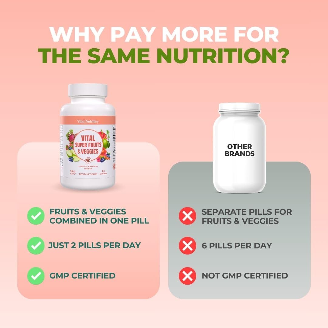 Vital Super Fruits & Veggies - Daily Superfood Capsules for Adults - Fruit & Vegetable Supplements to Boost Immunity & Energy - 2-in-1 Formula for Overall Wellness VITAL NUTRITIVEAu supplements