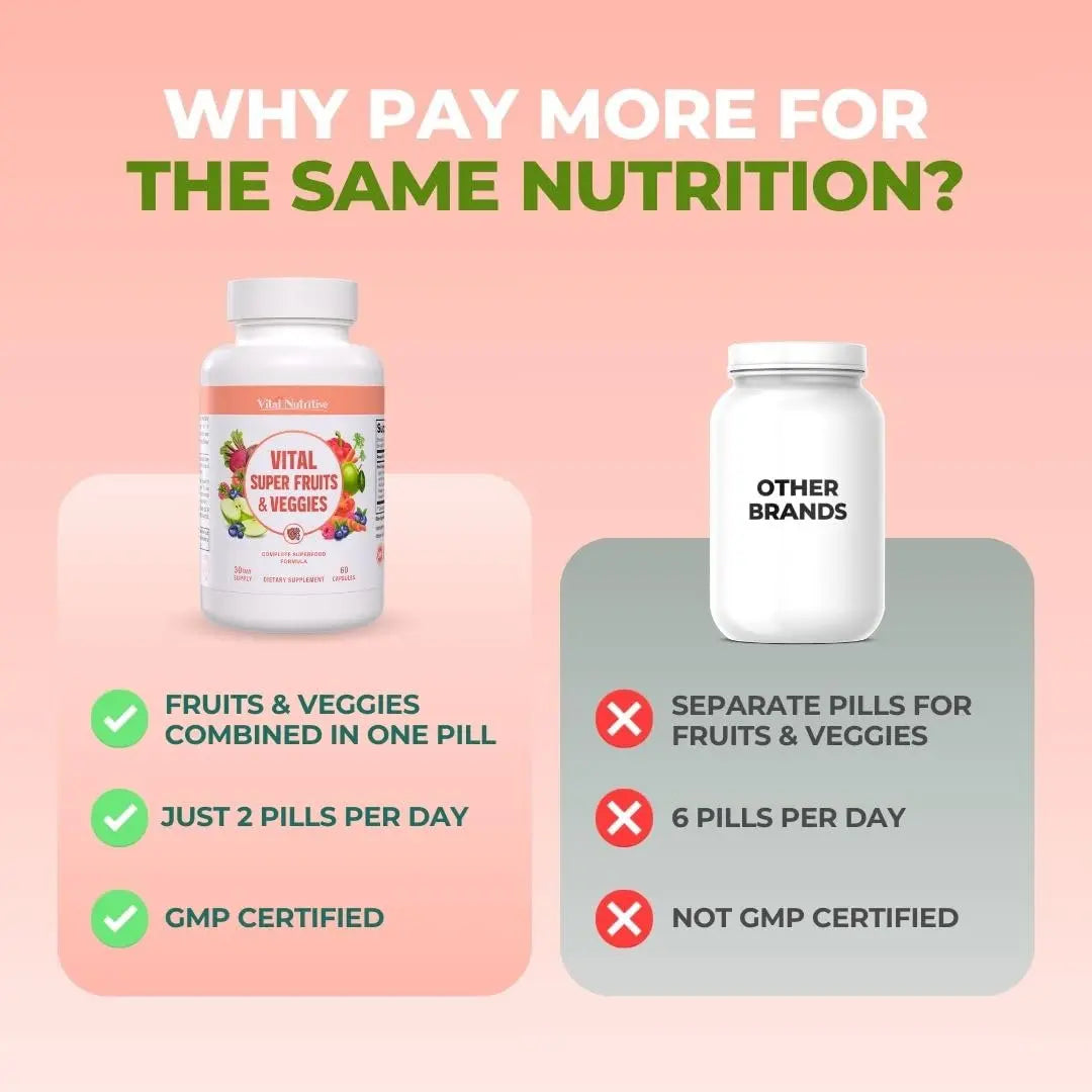 Vital Super Fruits & Veggies - Daily Superfood Capsules for Adults - Fruit & Vegetable Supplements to Boost Immunity & Energy - 2-in-1 Formula for Overall Wellness VITAL NUTRITIVEnz supplements