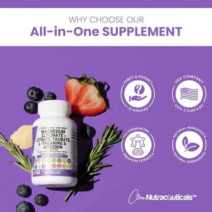 Magnesium Glycinate Complex 1000mg with L-Theanine 200mg Apigenin 50mg Citrate Taurate Supplement - 5-HTP GABA Passion Flower Lemon Balm L-Glycine Phosphatidylserine Ashwagandha - USA Made Clean Nutra Clean NutraceuticalsUS supplements