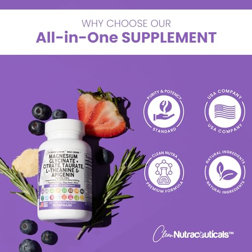 Magnesium Glycinate Complex 1000mg with L-Theanine 200mg Apigenin 50mg Citrate Taurate Supplement - 5-HTP GABA Passion Flower Lemon Balm L-Glycine Phosphatidylserine Ashwagandha - USA Made Clean Nutra Clean NutraceuticalsUS supplements