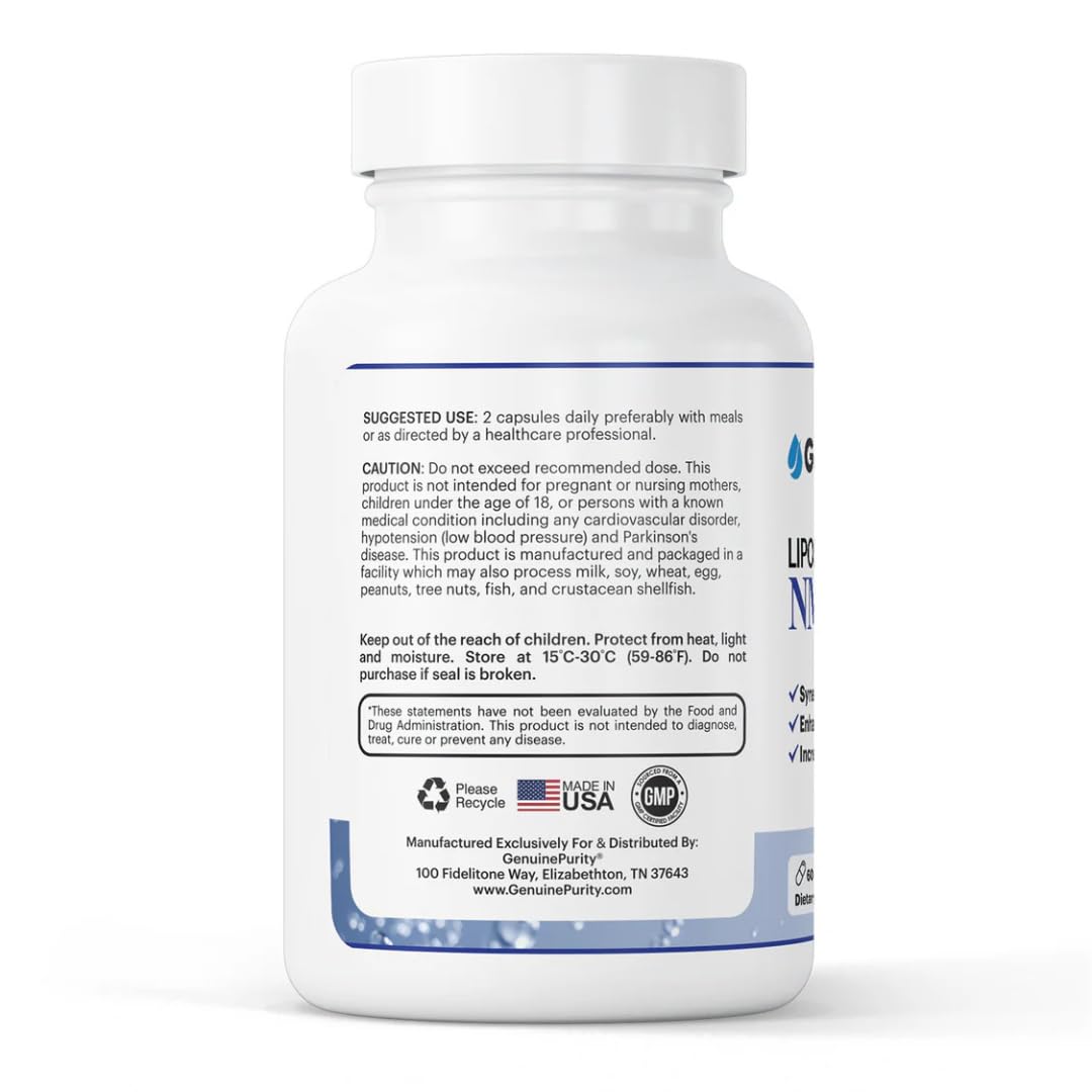 GenuinePurity - Liposomal NMN + NR Supplement - 60 Vegan Capsules to Support Cellular Health, Energy & NAD+ Levels - USA Made, Non-GMO, Gluten Free GenuinePurityAu supplements