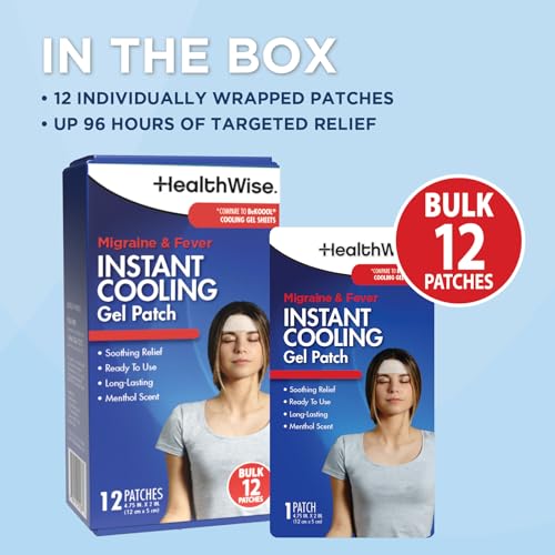 HealthWise Instant Cool Gel Patches | Migraine & Fever Relief | 12-Count | 4.75” x 2” | Soothing Menthol Vapors | Non-Medicated Formula HealthWiseAu supplements